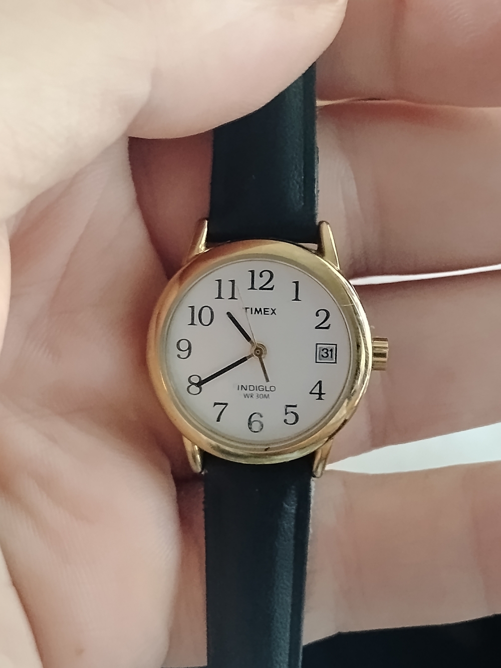 Timex Women's Indiglo Gold Case Black Leather Strap Watch - White Dial